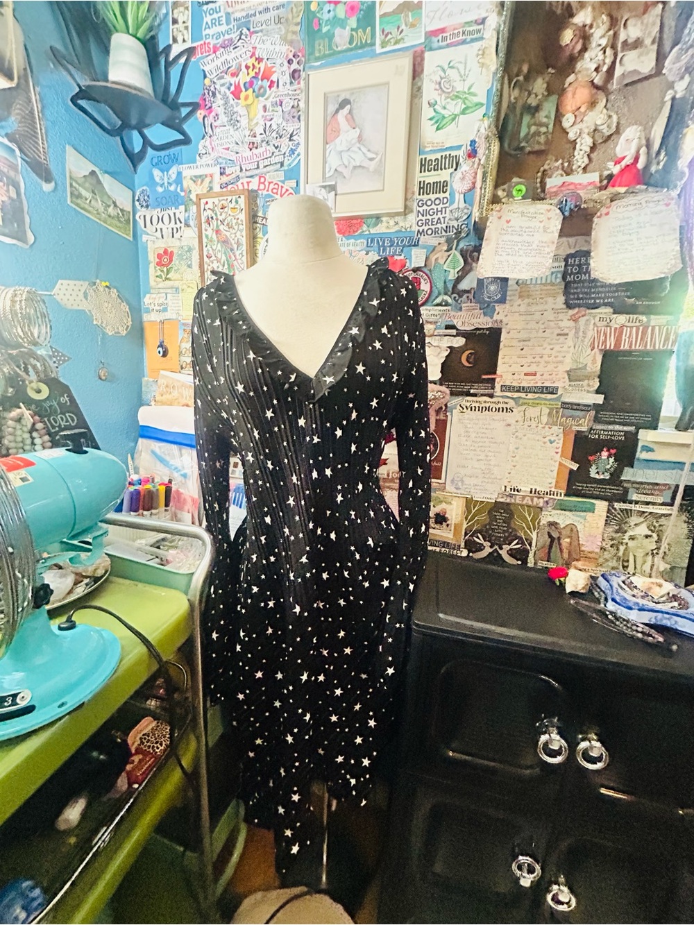 Maje Black Star-Print Long Sleeve Dress sz L